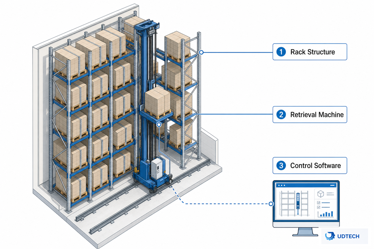 Diagram: how an automated storage and retrieval system works in three layers — rack structure, retrieval machine, control software