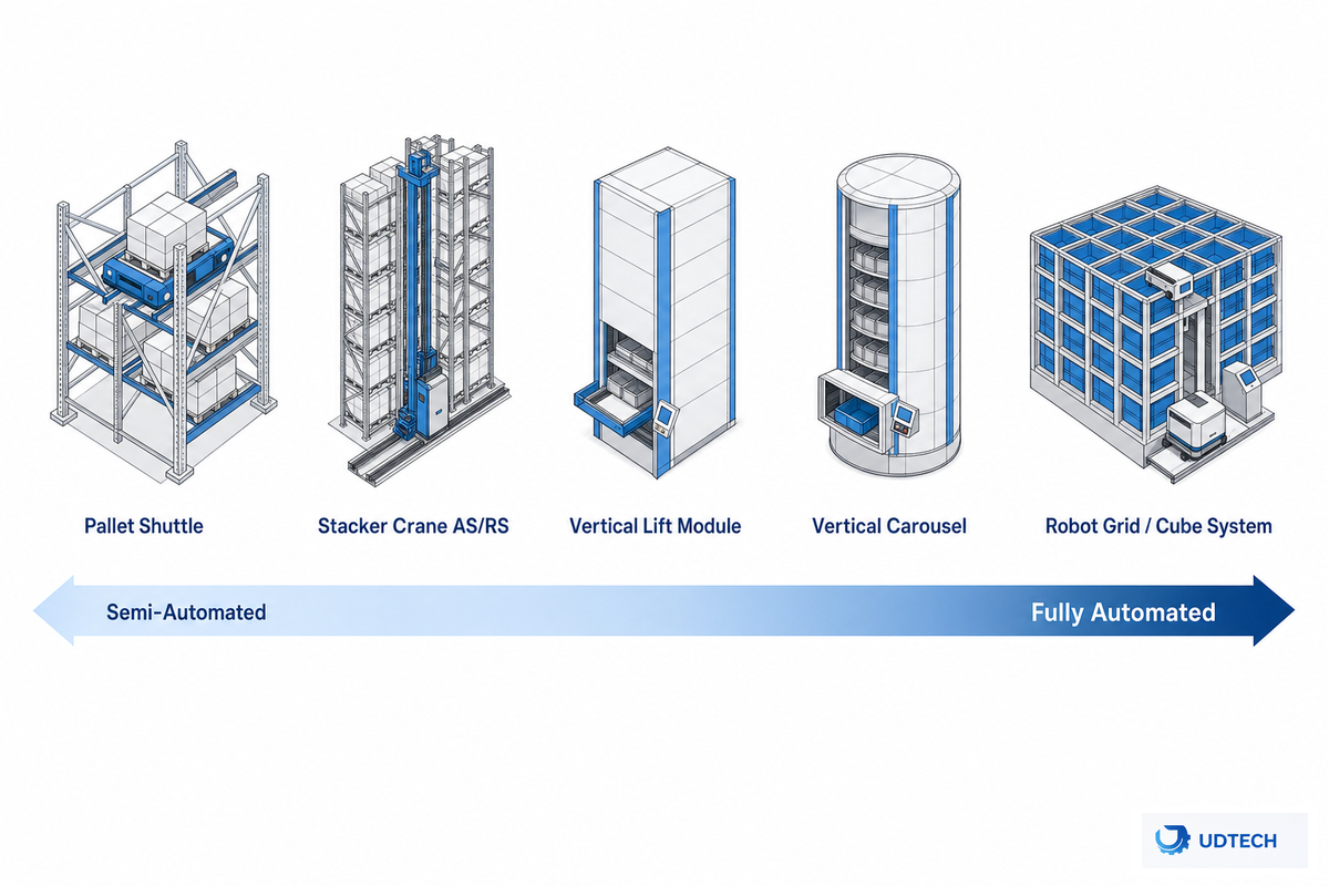 Diagram: the spectrum of automated warehouse racking types from semi-automated to fully automated