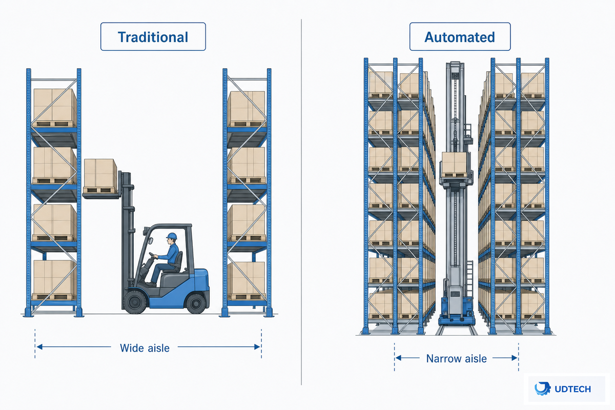 Diagram: automated vs traditional racking — narrow automated aisle versus wide forklift aisle