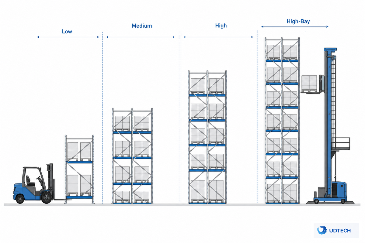 Diagram: warehouse racking storage height bands from low to high-bay