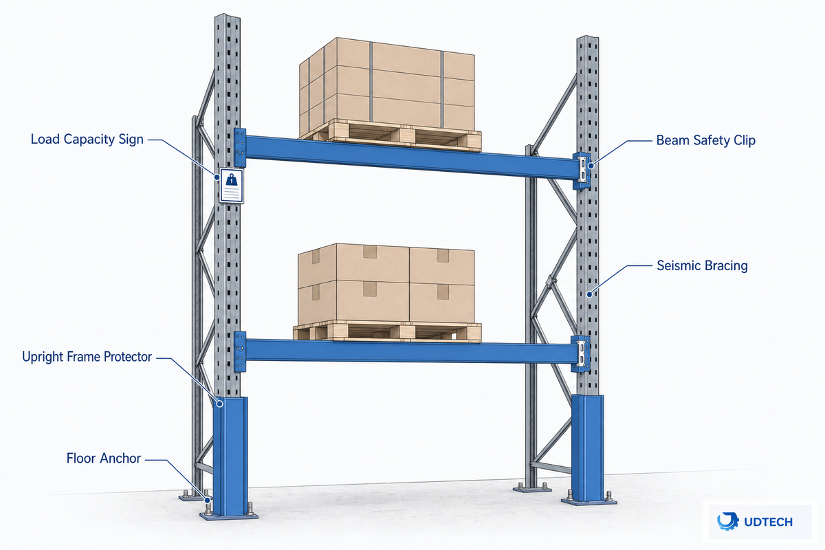 Diagram: steel storage rack structural safety features — upright protectors, floor anchors, load signs