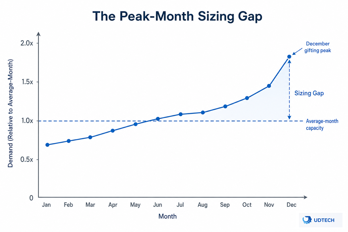 Step 1: Forecast Demand Before You Size the Machine, The Peak-Month Sizing Gap — UDTECH