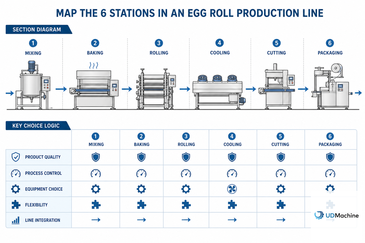 Map the 6 Stations in an Egg Roll Production Line — UDTECH