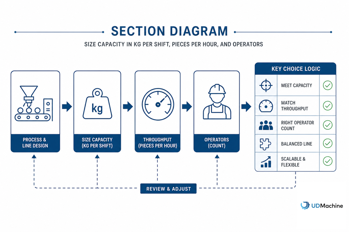 Size Capacity in kg per Shift, Pieces per Hour, and Operators — UDTECH