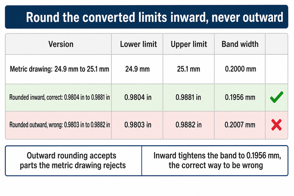 Converting a tolerance inward keeps the acceptance band inside the metric original; rounding outward widens it from 0.2000 to 0.2007 millimeters.