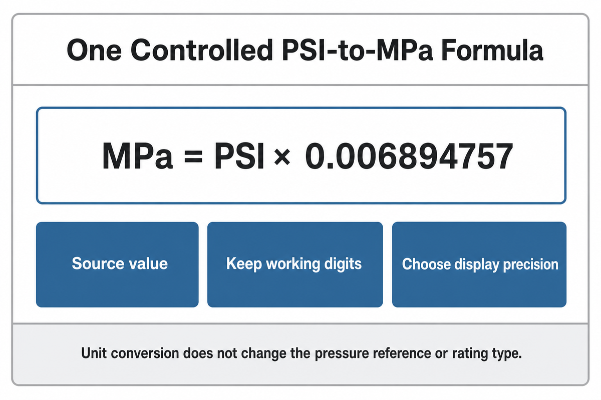 The PSI-to-MPa formula uses the NIST table factor and keeps working digits until display precision is chosen.