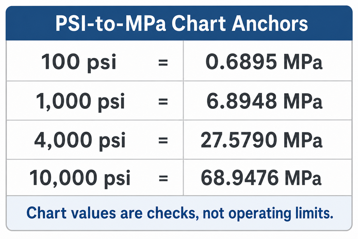 Common PSI values convert to MPa using the same coefficient, with four-decimal display values for chart checking.