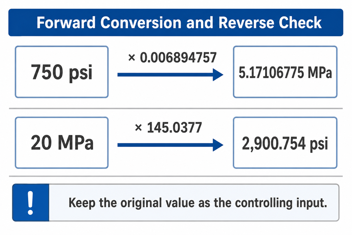 Forward and reverse pressure conversions use opposite factors and should be checked without repeatedly round-tripping the value.