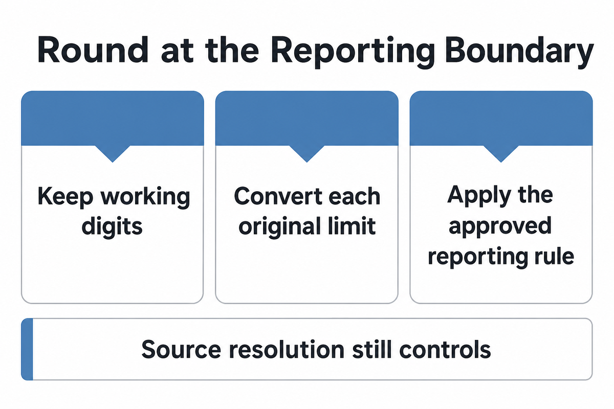 Pressure conversion keeps working digits, converts each limit independently and applies the reporting rule only at the end.