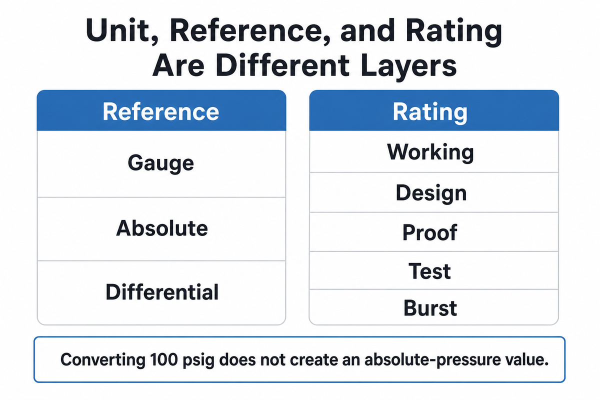 Pressure units, reference modes and rating purposes are separate information layers that must remain attached during conversion.