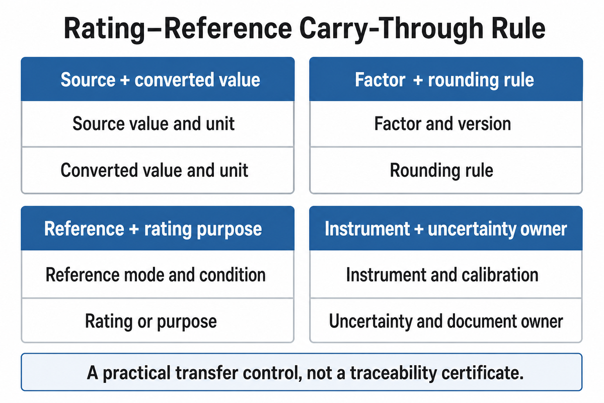 The Rating–Reference Carry-Through Rule keeps source, conversion, reference, rating and measurement provenance together.