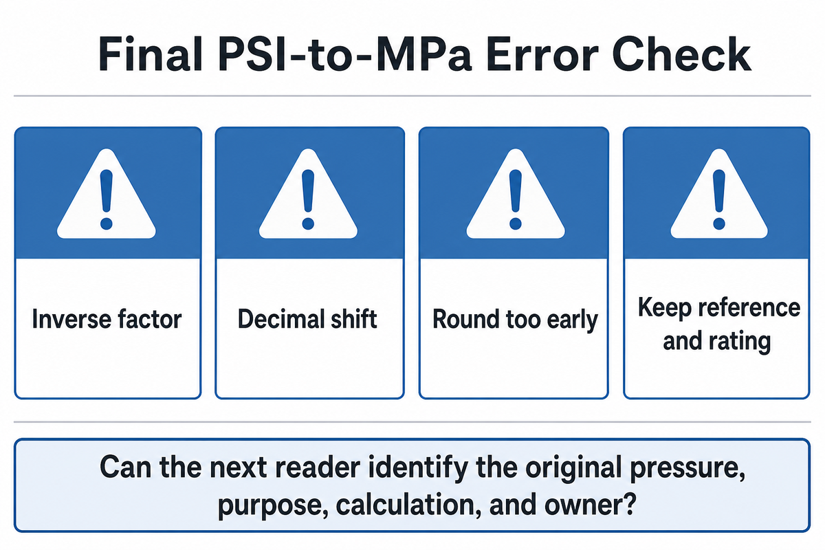 Common pressure-conversion mistakes include using the inverse factor, shifting the decimal, rounding early and dropping context labels.